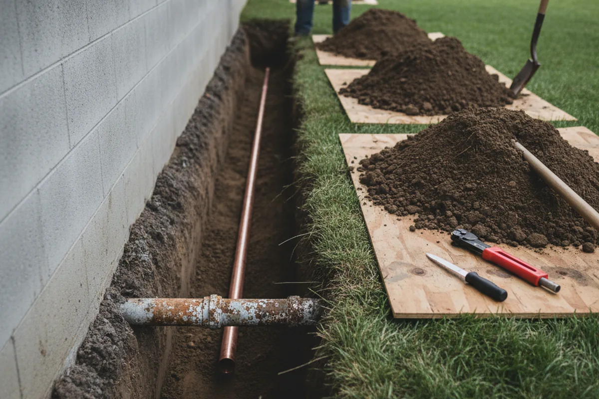Excavated water line trench during Water Softener Installation in Fort Klamath